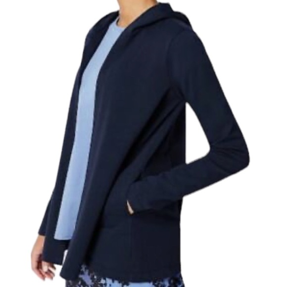J.jill Women’s Navy Blue Fit Elevate Terry Hooded Open Front Cardigan Size Large - Picture 3 of 8